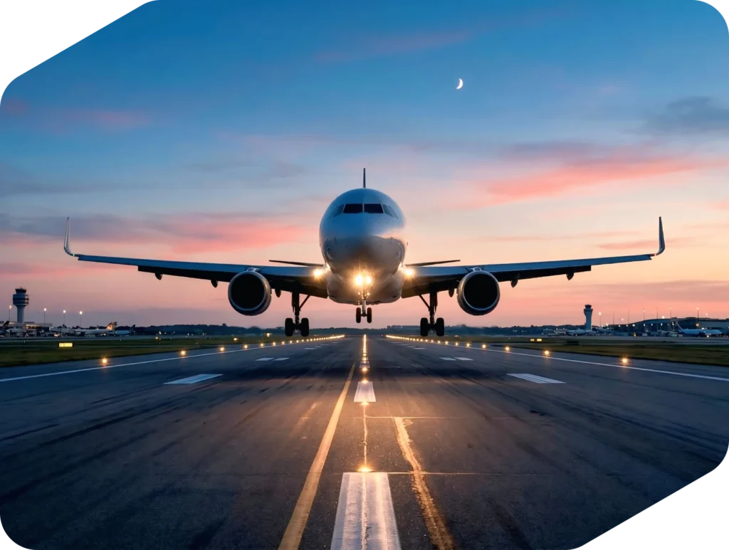 Avión de pasajeros aterrizando en una pista al atardecer, con el cielo rosa y azul