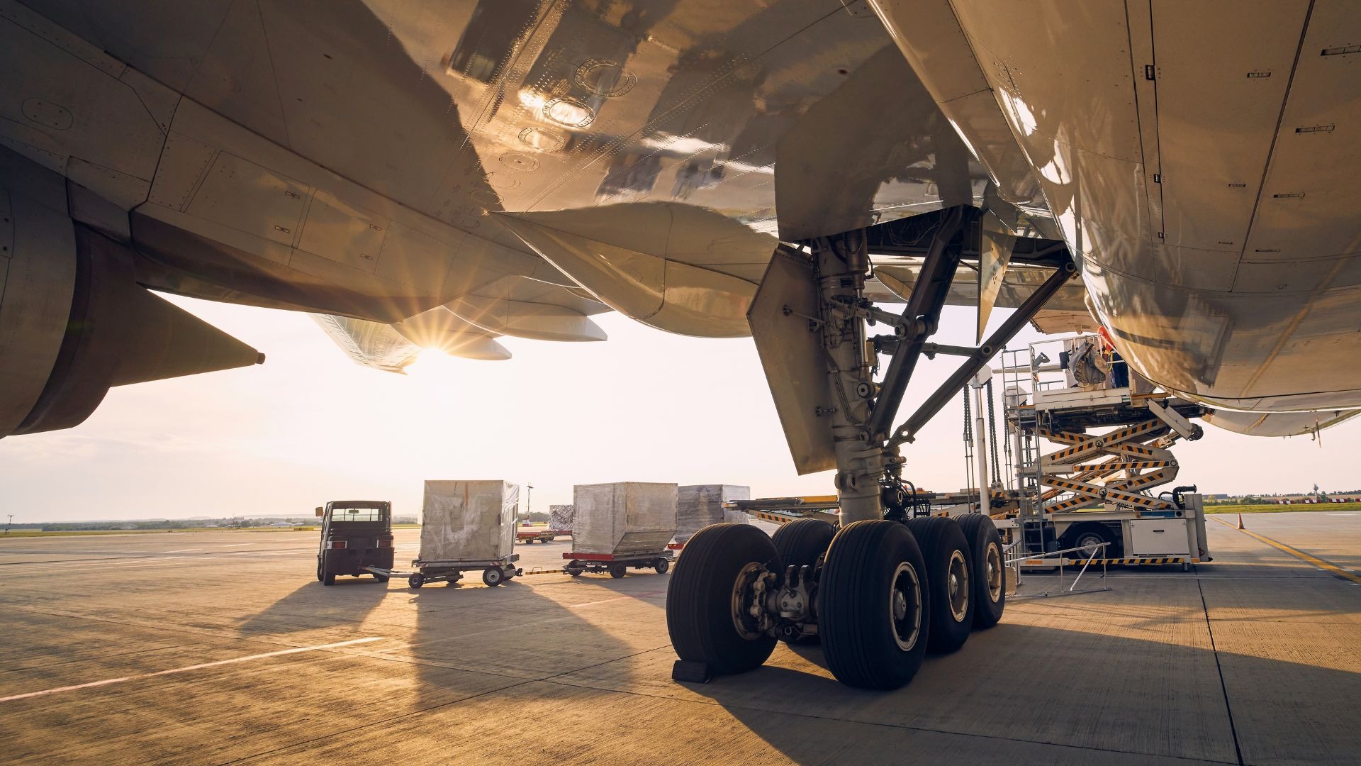 Tren de aterrizaje principal de un avión de carga en una plataforma de aeropuerto al atardecer