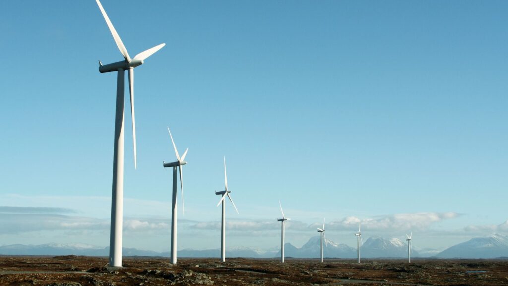 Aerogeneradores de un parque eólico bajo un cielo azul
