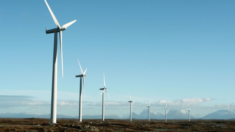 Aerogeneradores de un parque eólico bajo un cielo azul