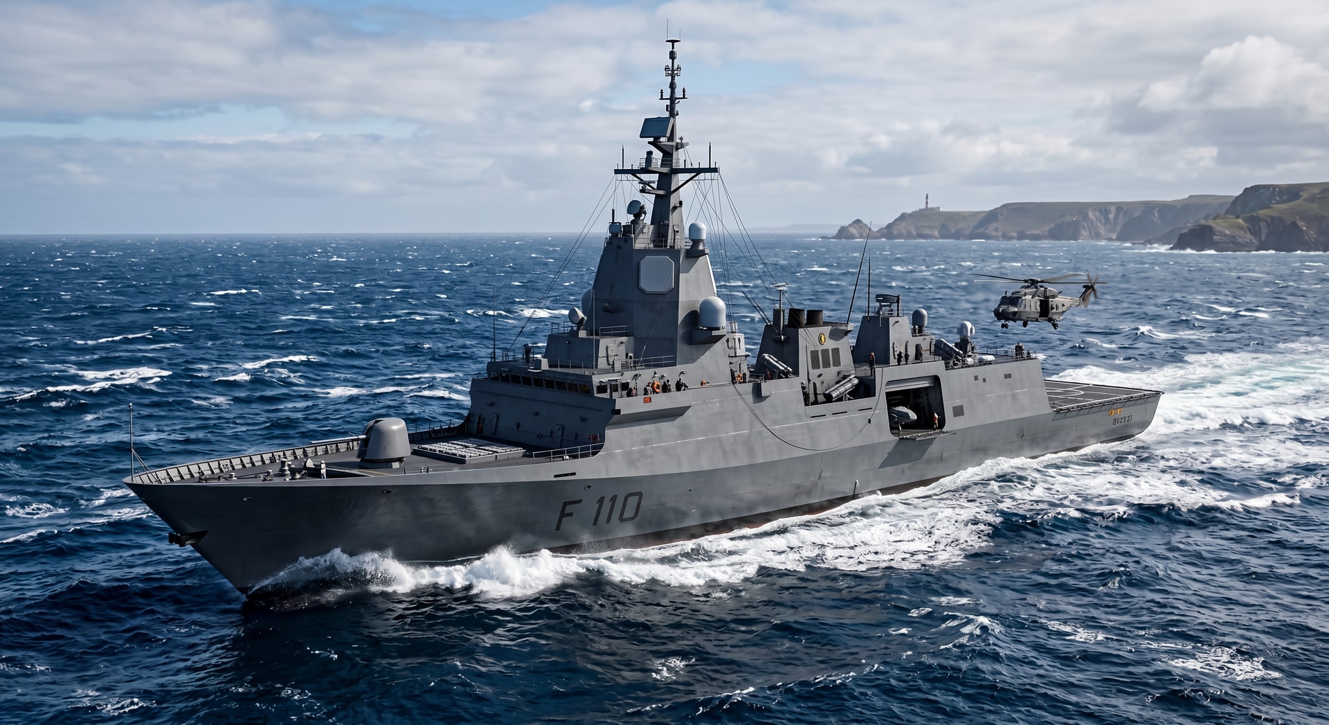 Fragata gris navegando a gran velocidad en alta mar