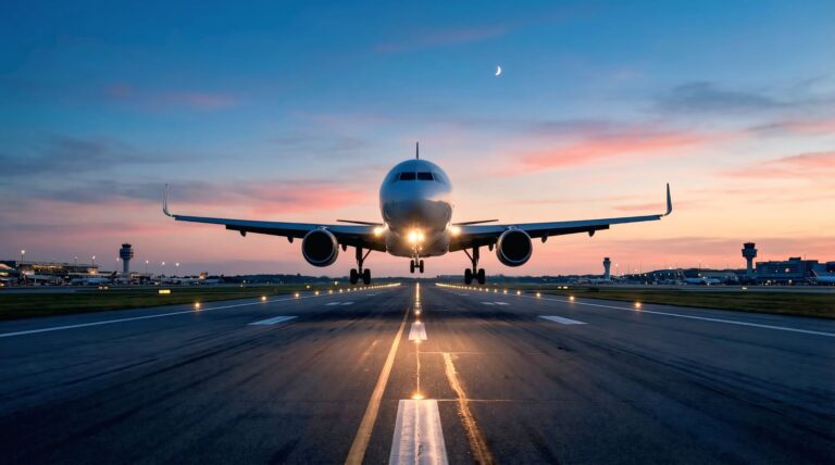 Avión de pasajeros aterrizando en una pista al atardecer