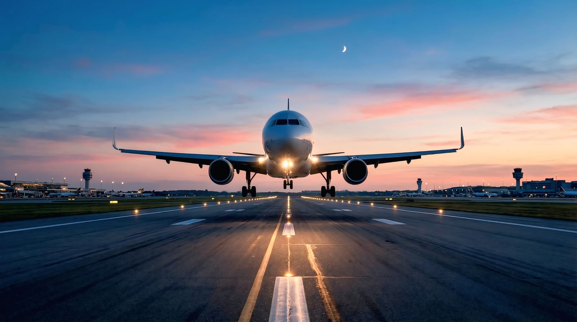 Avión de pasajeros aterrizando en una pista al atardecer