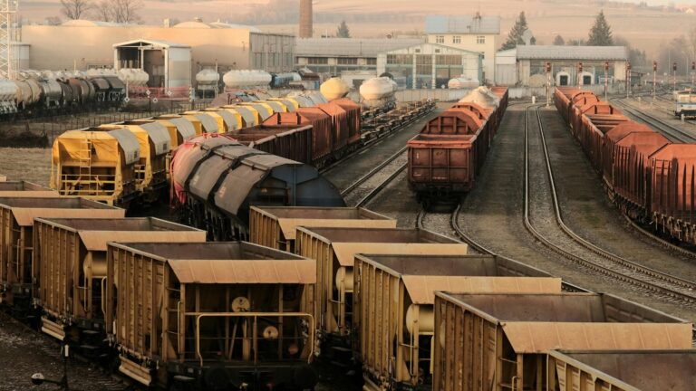 Vagones de mercancías estacionados en una estación de clasificación ferroviaria