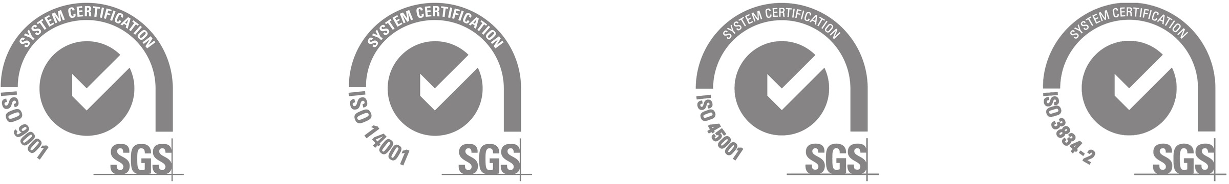 Sellos de certificación SGS: ISO 9001, ISO 14001, ISO 45001 e ISO 3834-2